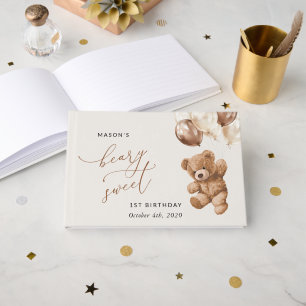 Teddy Bear, Brown Balloons, First Birthday Guest Book