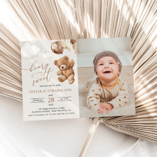 Teddy Bear, Brown Balloons, First Birthday Invitation