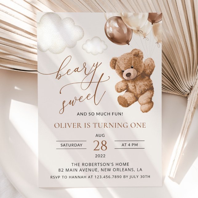 Teddy Bear, Brown Balloons, First Birthday Invitation (Creator Uploaded)