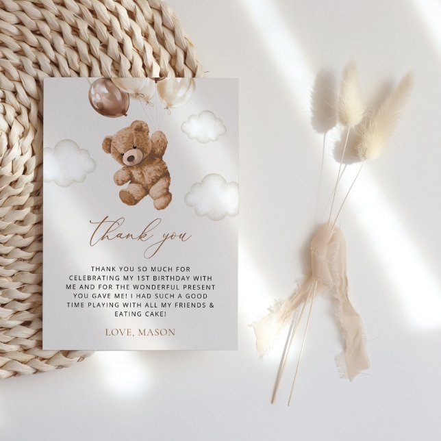 Teddy Bear, Brown Balloons, First Birthday Thank You Card (Creator Uploaded)
