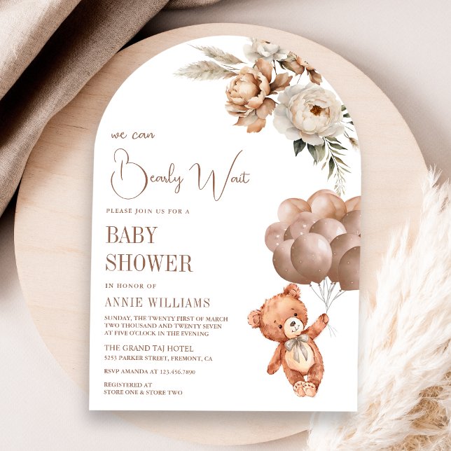 Teddy Bear Brown Balloons Floral Arch Baby Shower Invitation (Creator Uploaded)