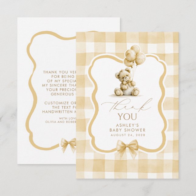 Teddy Bear Brown Gingham Cute Thank You Card (Front/Back)