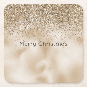 Teddy Bear Brown Gold Glam Glitter Christmas Square Paper Coaster