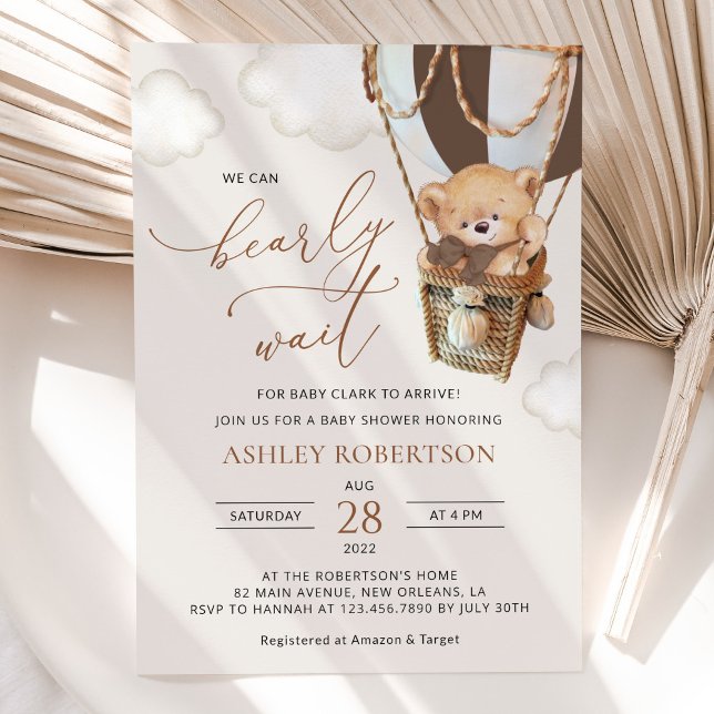 Teddy Bear, Brown Hot Air Balloon, Baby Shower Invitation (Creator Uploaded)