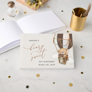 Teddy Bear, Brown Hot Air Balloon, First Birthday Guest Book