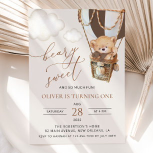 Teddy Bear, Brown Hot Air Balloon, First Birthday Invitation
