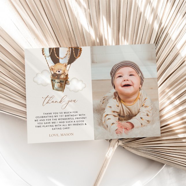 Teddy Bear, Brown Hot Air Balloon, First Birthday Thank You Card (Creator Uploaded)