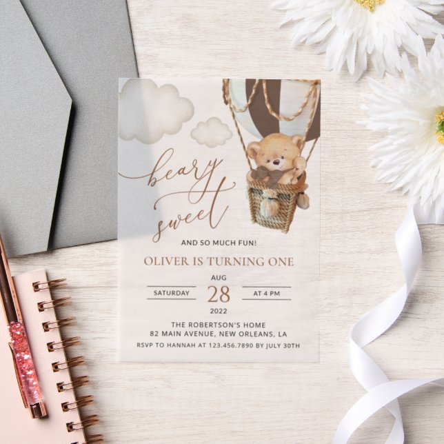 Teddy Bear, Brown Hot Air Balloon, First Birthday Vellum Invitations (Wedding)