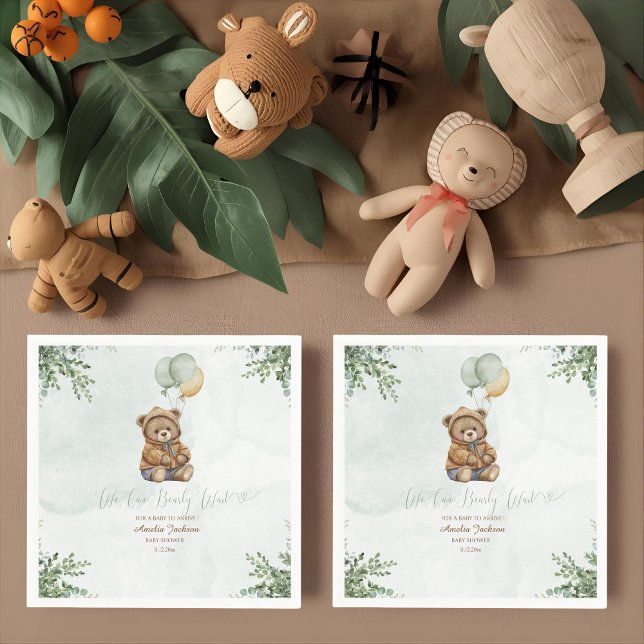 Teddy Bear Brown Sage Green Balloons Baby Napkin (Creator Uploaded)
