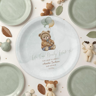 Teddy Bear Brown Sage Green Balloons Baby Paper Plate