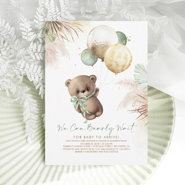 Teddy Bear Brown Sage Green Balloons Baby Shower Invitation (Creator Uploaded)