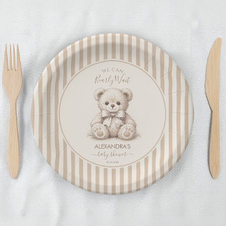 Teddy Bear & Brown Stripes Bearly Wait Baby Shower Paper Plate