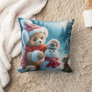 Teddy Bear Building a Snowman Cushion