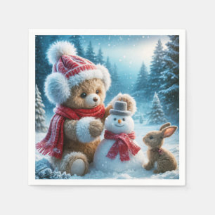 Teddy Bear Building a Snowman Napkin
