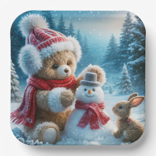 Teddy Bear Building a Snowman Paper Plate