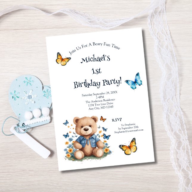 Teddy Bear Butterflies Baby Boy 1st Birthday Party Invitation (Teddy Bear Butterflies 1st Birthday Invitation Baby Boy Printed or Instant digital download )