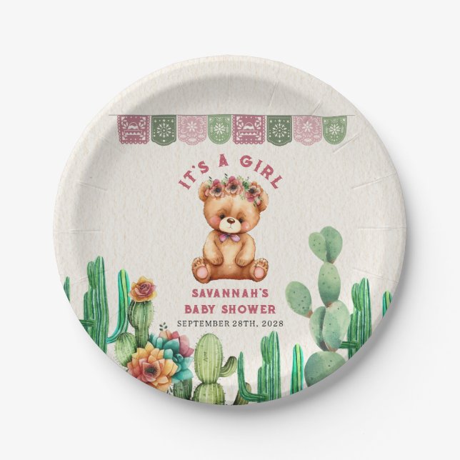 Teddy Bear Cactus Girl Baby Shower Fiesta  Paper Plate (Front)