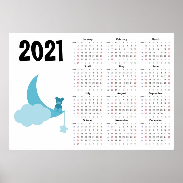 Teddy bear Calendar 2021 Poster - Sunday start (Front)