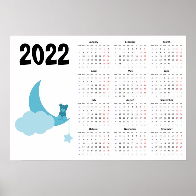 Teddy bear Calendar 2022 Poster - Monday start (Front)