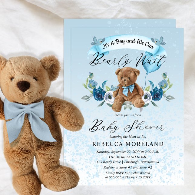 Teddy Bear Can Bearly Wait Blue Boy Baby Shower Invitation (Creator Uploaded)