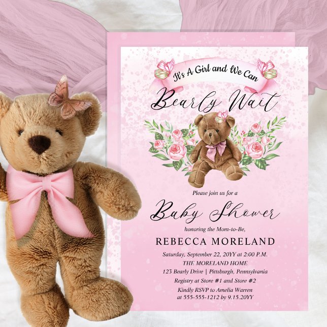 Teddy Bear Can Bearly Wait Pink Girl Baby Shower I Invitation (Creator Uploaded)