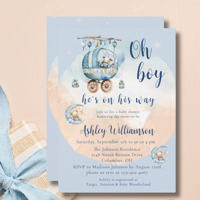 Teddy Bear Celestial Oh Boy Baby Shower Invitation (Creator Uploaded)