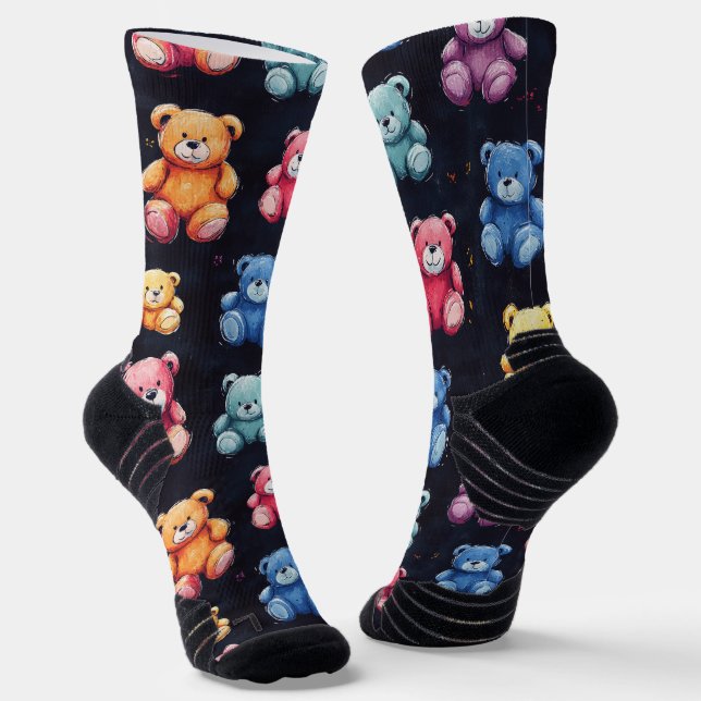 Teddy Bear Chalk Drawing Pattern Black Socks (Angled)
