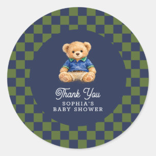 Teddy Bear Checkboard Retro Baby Shower Classic Round Sticker
