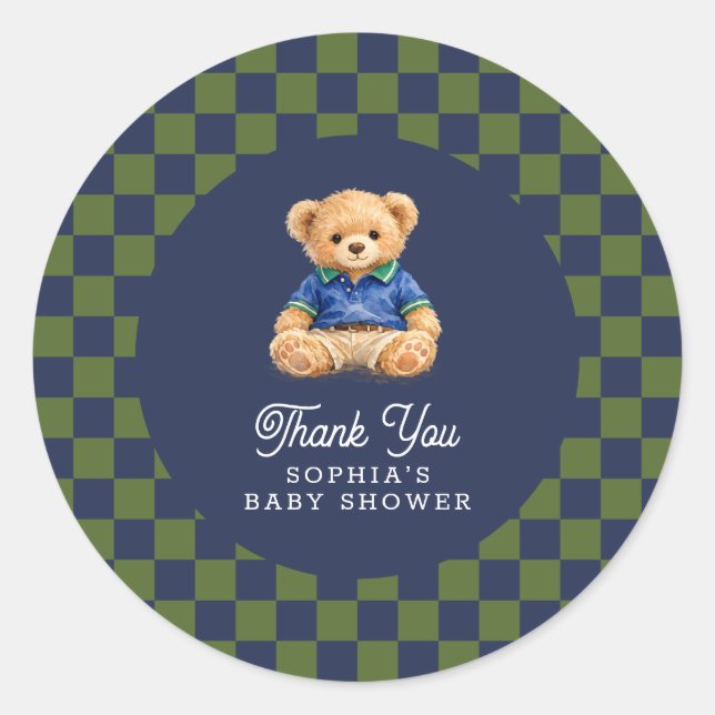 Teddy Bear Checkboard Retro Baby Shower Classic Round Sticker (Front)