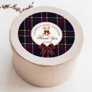 Teddy Bear Christmas Bow Plaid Thank you Classic Round Sticker