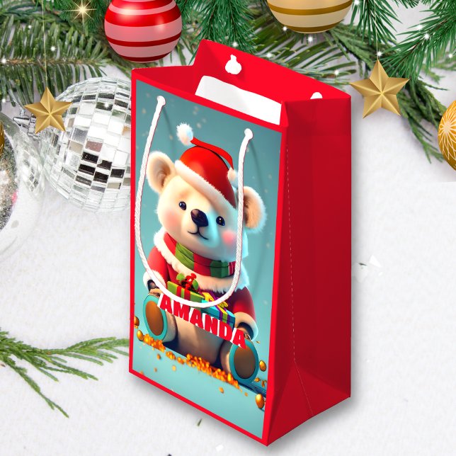 Teddy Bear Christmas Personalised Kids Red Small Gift Bag (Creator Uploaded)