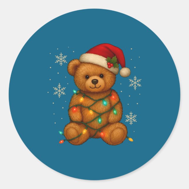 Teddy Bear Christmas Tree Lights Santa Hat For Bea Classic Round Sticker (Front)