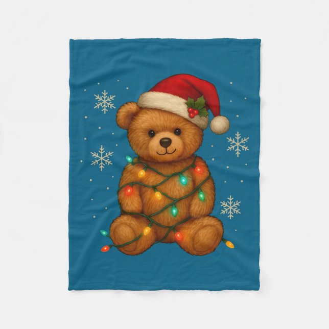 Teddy Bear Christmas Tree Lights Santa Hat For Bea Fleece Blanket (Front)