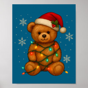 Teddy Bear Christmas Tree Lights Santa Hat For Bea Poster