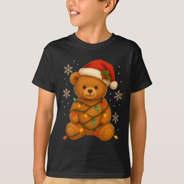 Teddy Bear Christmas Tree Lights Santa Hat For Bea T-Shirt (Front)