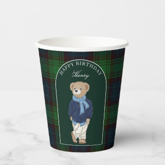 Teddy bear classic plaid birthday party custom paper cups