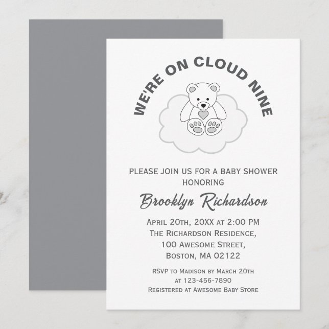 Teddy Bear Cloud Nine Gender Neutral Baby Shower Invitation (Front/Back)