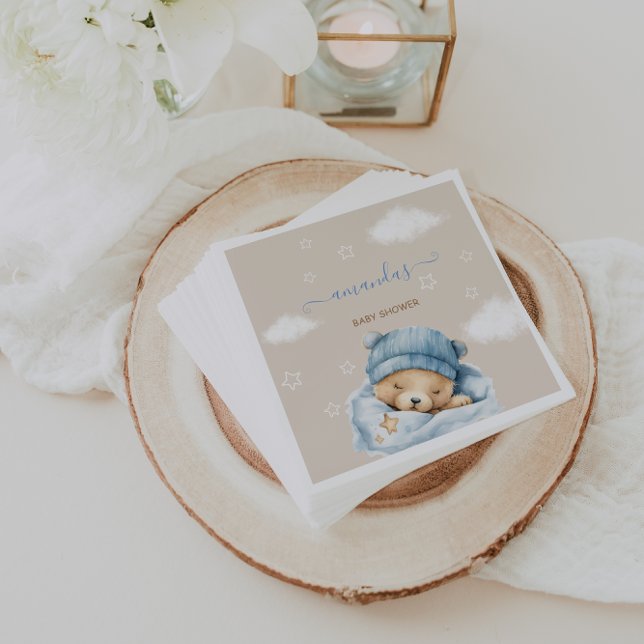 Teddy Bear & Clouds Light Brown Blue Baby Shower Napkin (Creator Uploaded)