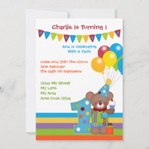 Teddy Bear Clown First Birthday Party Invitation