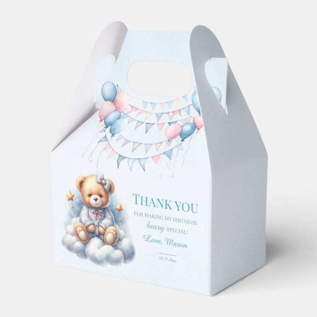 Teddy Bear Colourful Balloon Beary First Birthday Favour Box (Front Side)