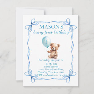 Teddy Bear Colourful Balloon Beary First Birthday  Invitation