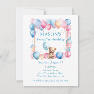 Teddy Bear Colourful Balloon Beary First Birthday Invitation