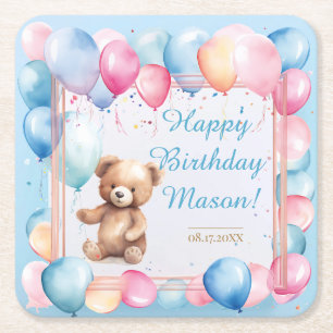 Teddy Bear Colourful Balloon Beary First Birthday  Square Paper Coaster