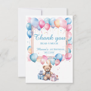 Teddy Bear Colourful Balloon Beary First Birthday Thank You Card