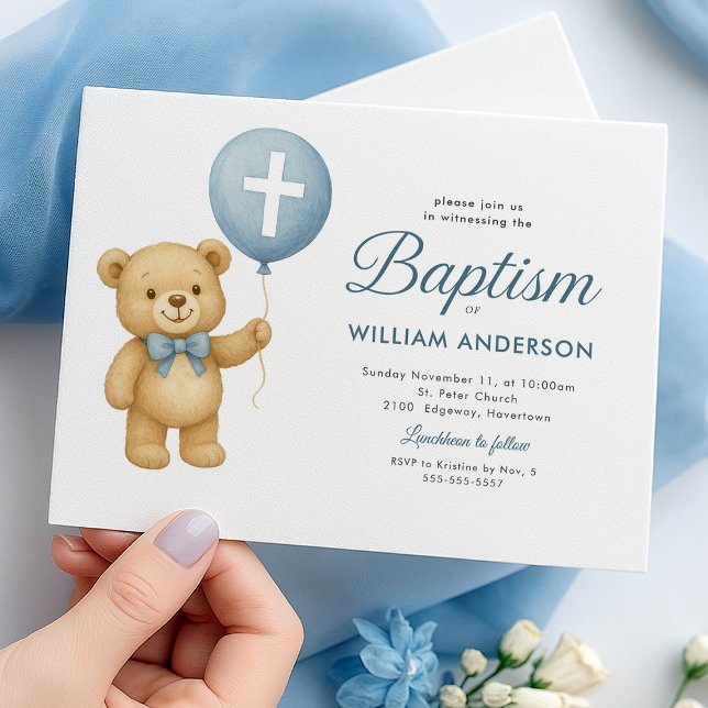 Teddy Bear & Cross Baptism Invitation (Charming teddy bear with cross for a delightful Baptism invitation.)