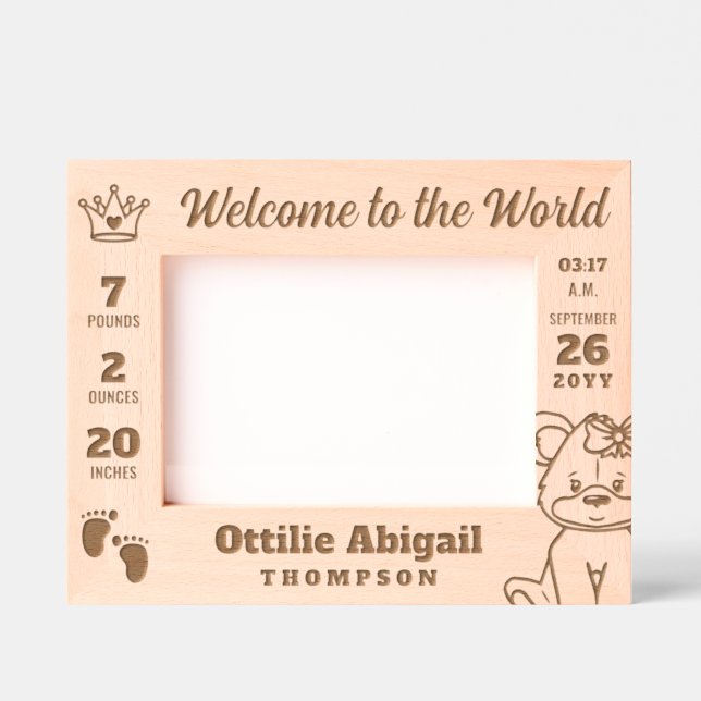 Teddy Bear Crown Welcome to the World Baby Stats Etched Frames (Front)