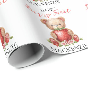 Teddy Bear Custom Name Berry First Birthday Wrapping Paper