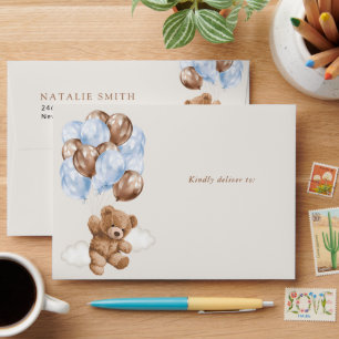 Teddy Bear, Cute Bear, Blue Balloons, Birthday Envelope