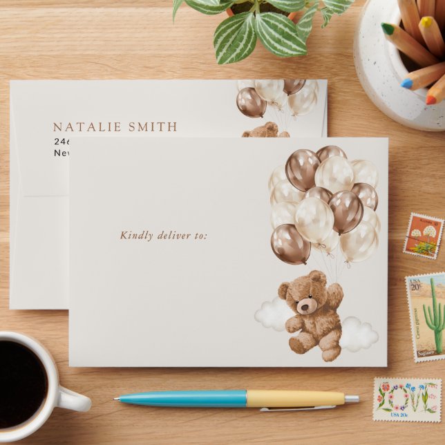 Teddy Bear, Cute Bear, Brown Balloons, Birthday Envelope (Desk)
