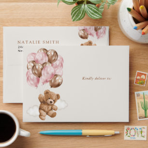 Teddy Bear, Cute Bear, Pink Balloons, Birthday Envelope